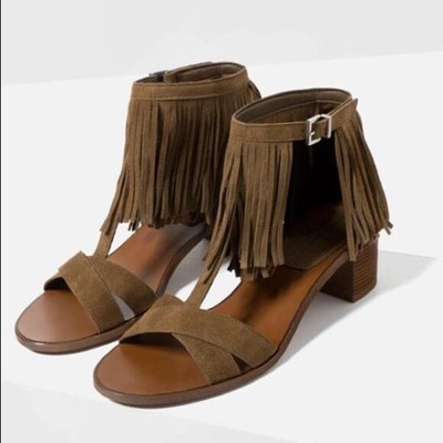 fringe block heel sandal