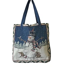 Tapestry tote shopping bag Christmas Winter scene Blue w/ Snowman Rabbits lined