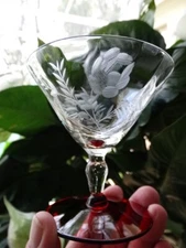 Unknown Maker Wheel Cut Rose Low Sherbet w/ Red Foot (UNK424) Excel Used Cond.