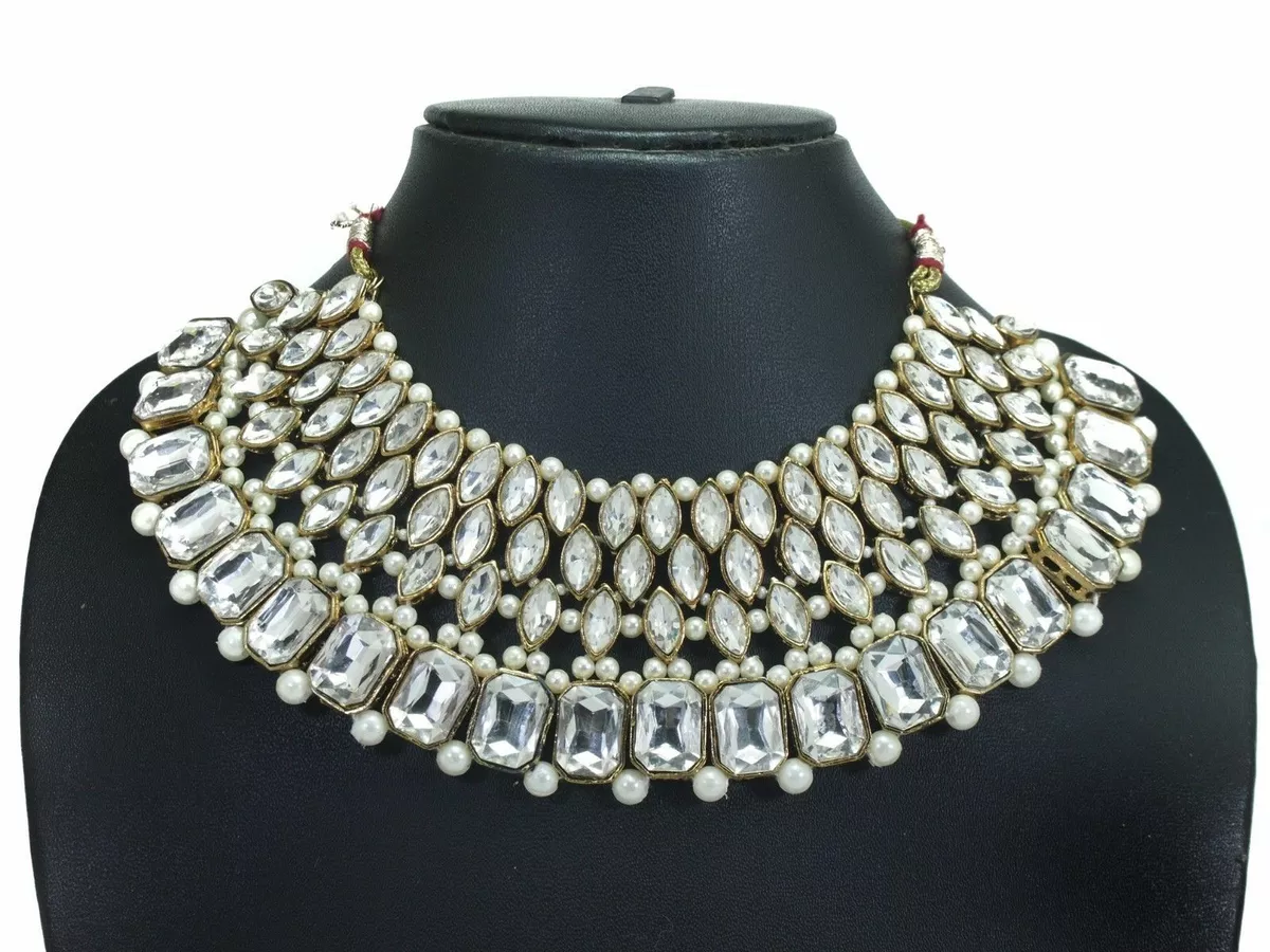 Indian Bridal White Stone Choker Necklace Set Earring Jewelry Costume Set