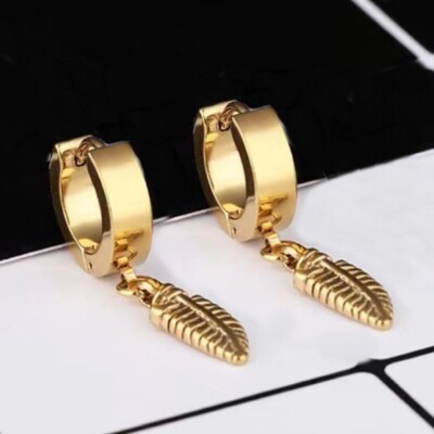 Gold Feather Drop Dangle Hoop Earrings Men Women Surgical Steel Jewelry  Gift - Main Image