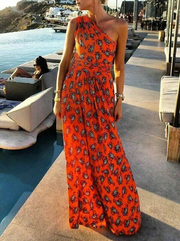 Vestido de Mujer Verano Suave Largo Boho Bohemio Naranja Asimétrico 5136