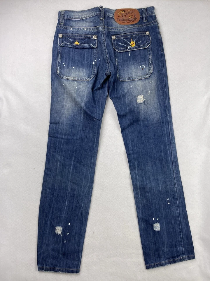 Pantalones de mezclilla para hombre Dsquared2 talla mediana 32X33 azul envejecido amarillo botones diseñador Foto 2 de 4