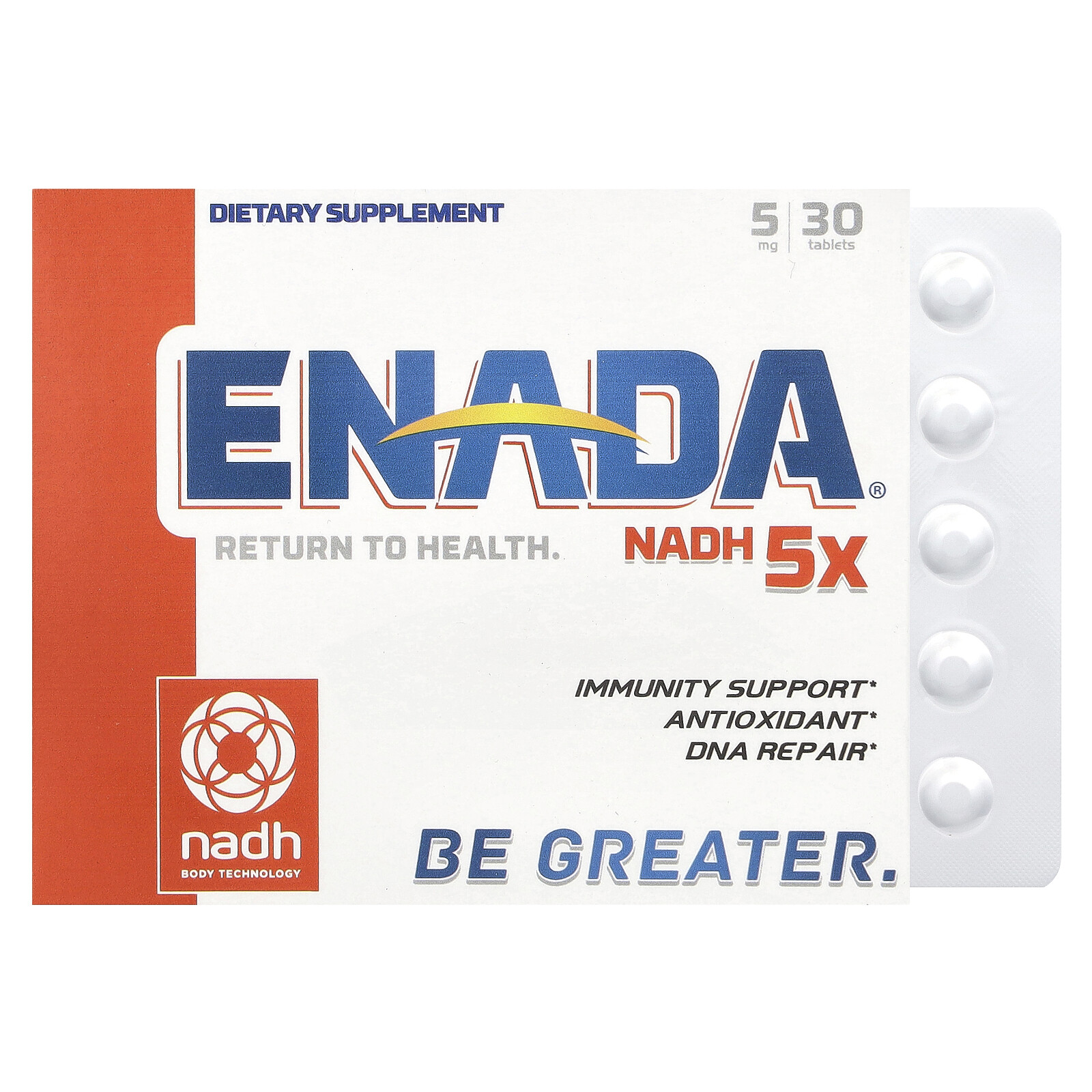 Co - E1 Enada NADH 5 мг 30 таблеток без кофеина и без кофеина, без молочных продуктов,