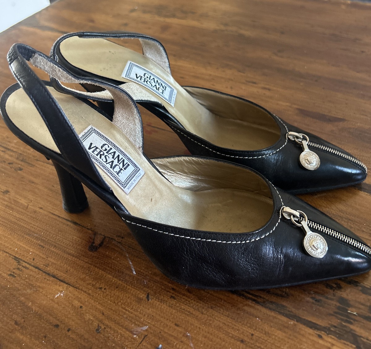 Vintage GIANNI VERSACE Heels Stiletto Black Zipper Point Toe