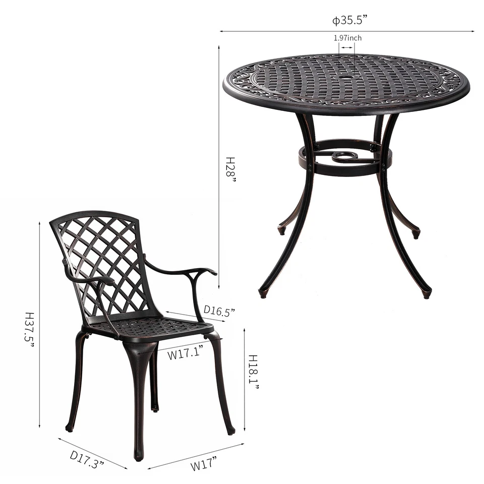 Juego de comedor exterior de 5 piezas muebles de patio de aluminio fundido, mesa y sillas de bistró Foto 4 de 4