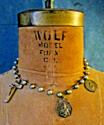 Vintage cultured pearl cross & St Teresa scapular necklace salvage art