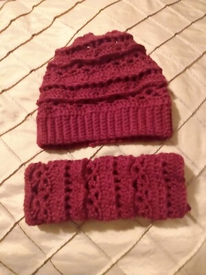 Handmade Homemade Crocheted Women\'s Size Medium Maroon Alpaca Hat And Cowel Set Handmade Alpaca Crochet Winter Set: Flower Scarf Hat and  main image 4