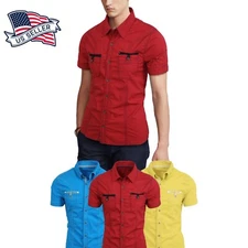 Mens CASUAL BUTTON DOWN SHIRTS Dress Tee Short Sleeve Slim Fit Summer Woven