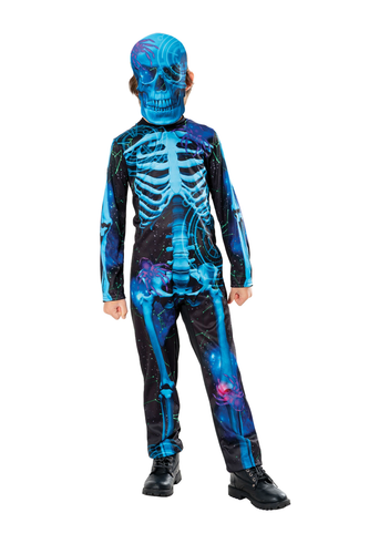Costume Scheletro Neon Ragazzo Halloween Bambini Vestito Fantasia + Maschera Scheletri - Foto 2 di 4
