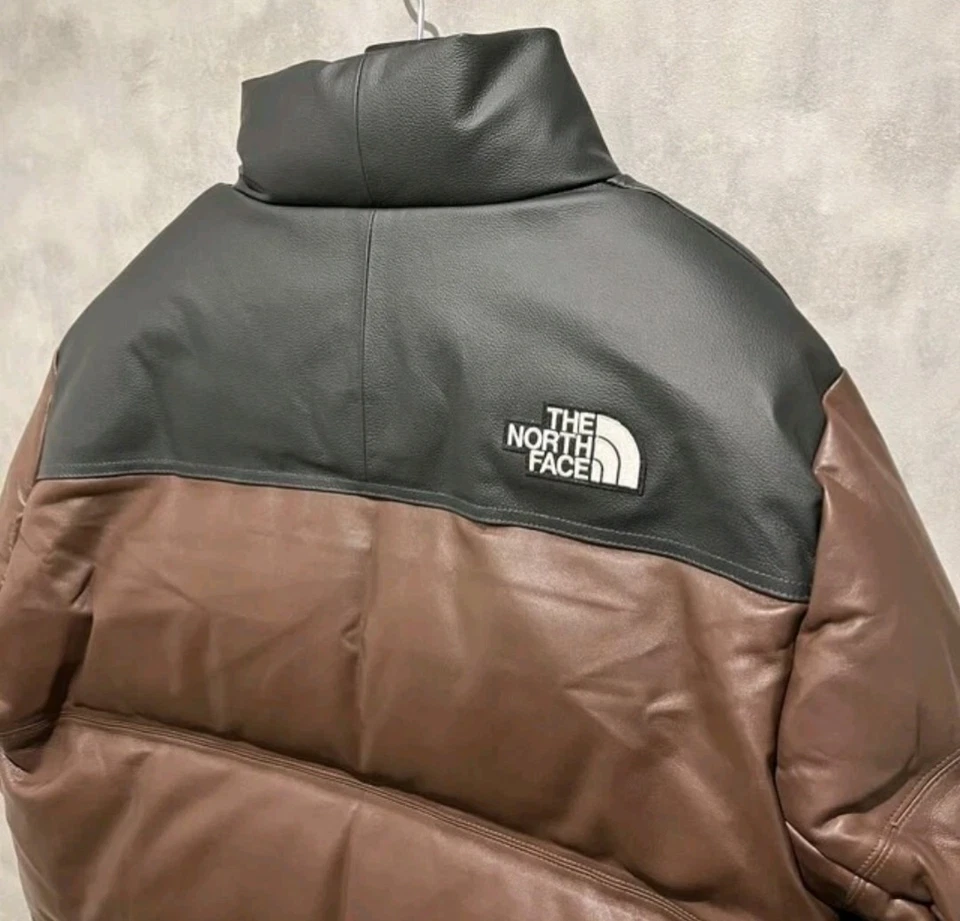 Men’s Nuptse Style Brown & Black Leather Puffer Jacket – Mountain Inspired Coat - Image 3 of 4