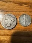 1926 Peace Dollar & 1942s Walking Liberty Half 90% Silver Coins Lot Circulated