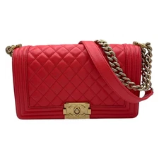 CHANEL Boy Chanel 25 A67086 Shoulder Bag Lambskin Red Gold Hardware #OK1403
