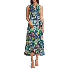 J.McLaughlin Miramar True Wrap Midi Dress Linen Blend Blue Floral Sleeveless
