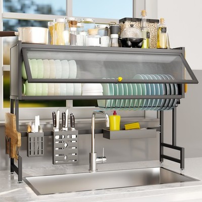 3 Tier Over The Sink Dish Drying Rack For Kitchen Dish Rack Large w/ Lid Metal