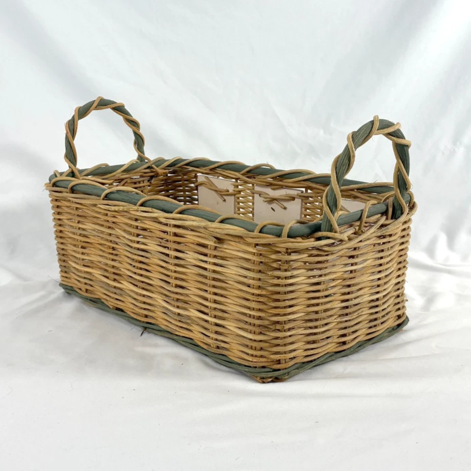 Basket w fruit ceramic tiles, green and tan wicker, 15.75" x 8.75" x8.5" - Image 4 of 4
