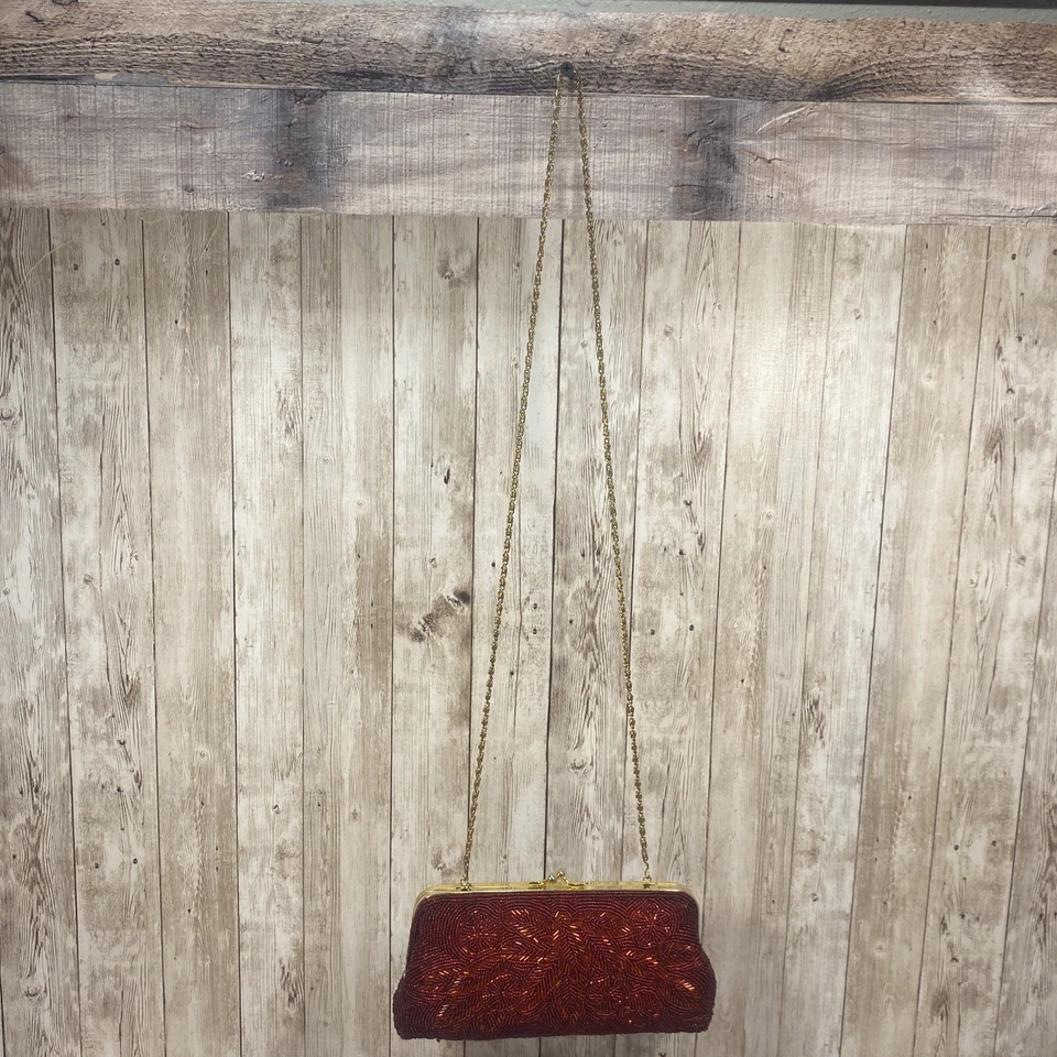 Beaded Floral Red Gold Bag Clutch Vintage Inspired - Image 2 of 4
