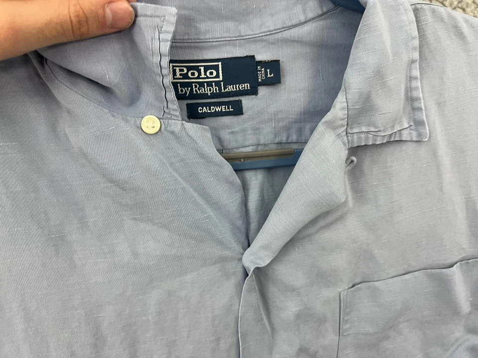 Camisa Polo Ralph Lauren Caldwell Para Hombres Grande Azul Seda Lino Cuello Lazo Campamento De Colección Foto 4 de 4