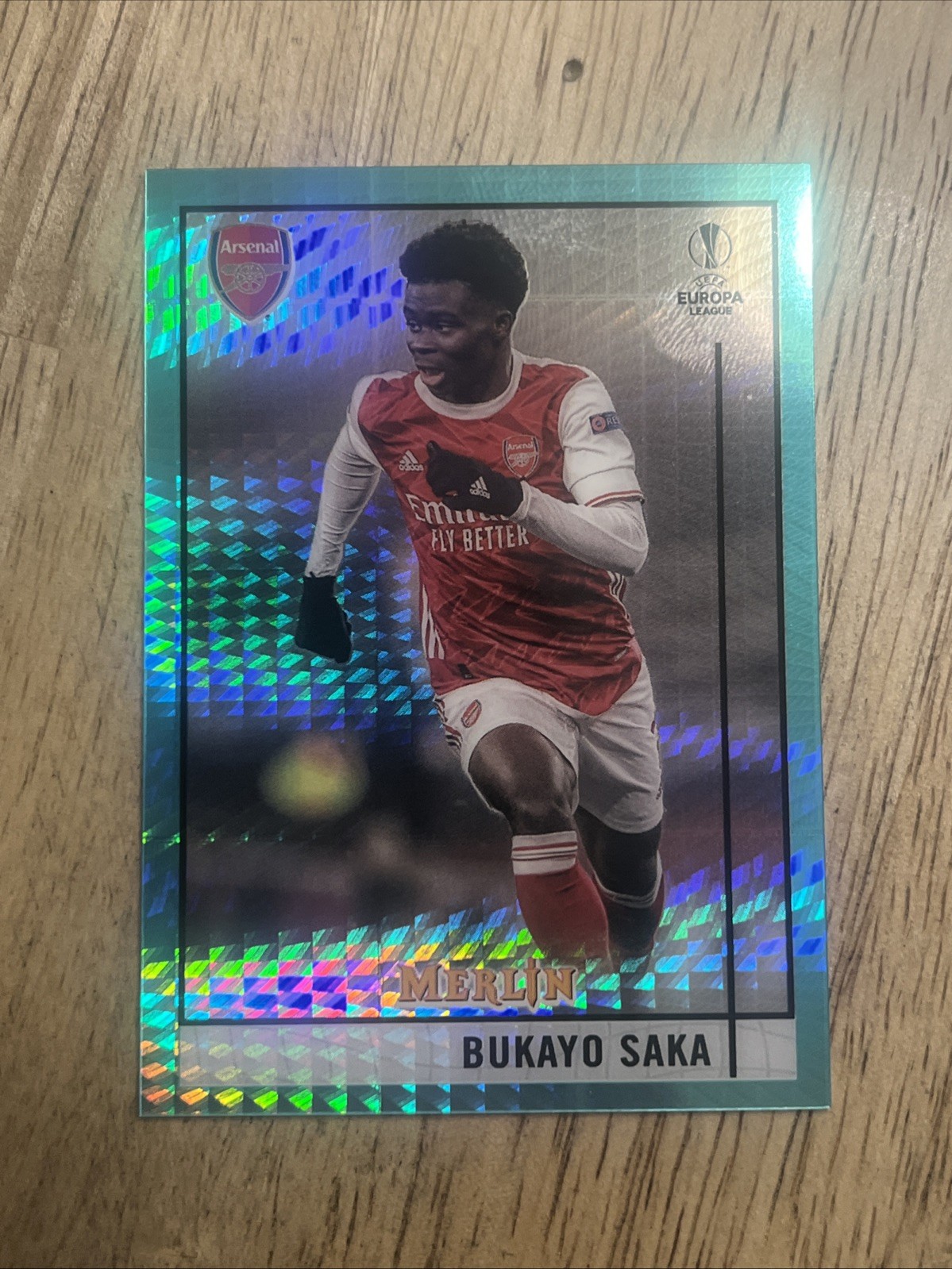 Bukayo Saka 2020-21 Topps Merlin #69 Aqua Prizm Refractor Arsenal FC