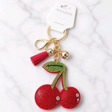 Bling Rhinestone Cherry Keychain Puffy Crystal Charm Red Fruit Bag Purse Pendant