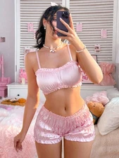 L / Satin 2pcs Ruffle Lingerie Set Kawaii Cute Sissy Crossdresser Sleepwear