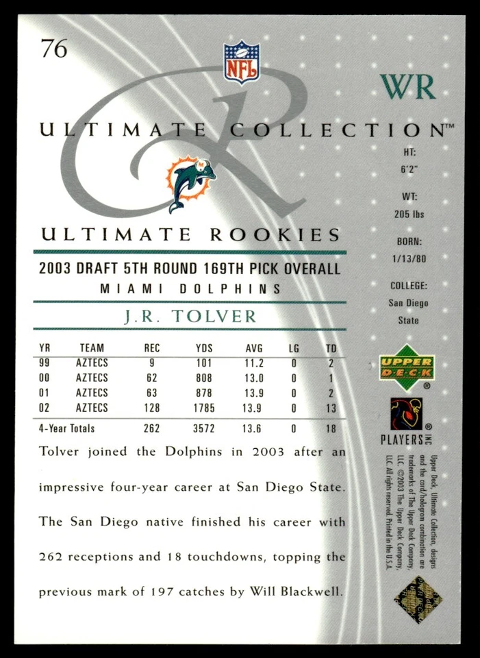 2003 Upper Deck Ultimate Collection J.R. Tolver Rookie 046/750 Miami Dolphins - Image 2 of 2