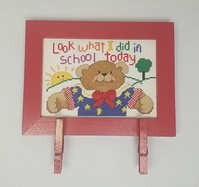 LOOK WHAT I DID IN SCHOOL TODAY cross stitch COMPLETED FRAMED 8.5" X 6. ...