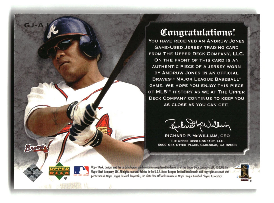 Andruw Jones 2003 Upper Deck Classic Portraits Stitches GJ-AJ /299 Braves - Image 2 of 2