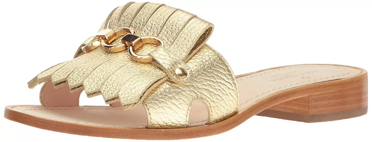Kate Spade New York BRIE Slide Flat Sandal Fringe Leather Gold 6 New 168