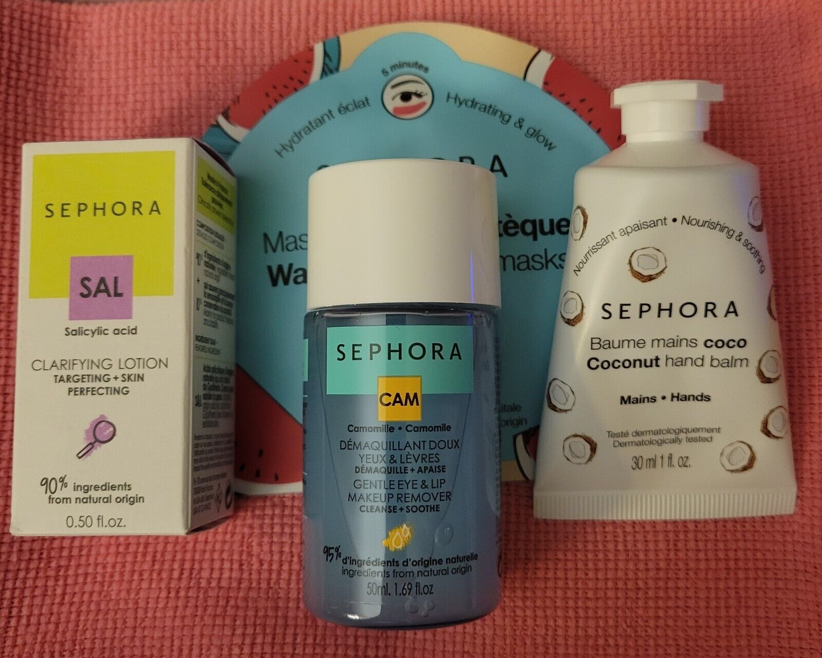 4 pc Sephora Beauty LOT: SAL Clarifying lotion,CAM Makeup remover,HAND  BALM,MASK