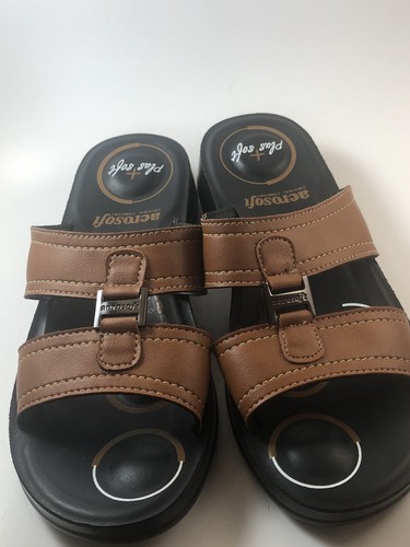 Womens Aerosoft Tan Slide Sandals Size 37 = US 7 Comfort Low Wedge Simple - Picture 3 of 6