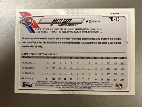 2021 Topps Pro Debut Brett Baty Auto #PD-13 Mets - Picture 2 of 2