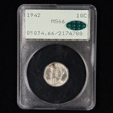 1942 10C MS66 CAC Mercury Silver Dime - PCGS Rattler - Under-graded Gem