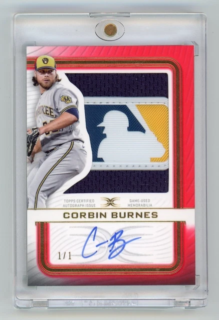 Corbin Burnes 2023 Topps Definitive Red GU MLB Batter Logo Patch Auto 1/1