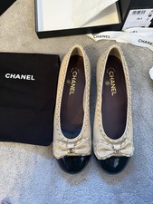 CHANEL CC LOGO BOW BLACK LEATHER GOLD CHAIN BALLET BALLERINA CAP TOE FLATS 38.5 