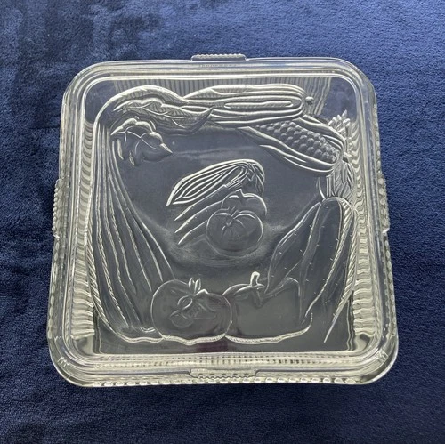 Vintage Federal Glass Refrigerator Dish Box w/ Embossed Vegetable Lid 8" x 8"
