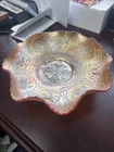 Fenton Dragon and Lotus Marigold Carnival Glass Ruffled Bowl 8.75" W Vintage
