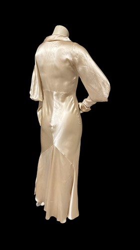 Antique 1920s 1930s Bias Cut Liquid Satin Wedding Gown Leg Of Mutton Sleeves S - Picture 14 of 21