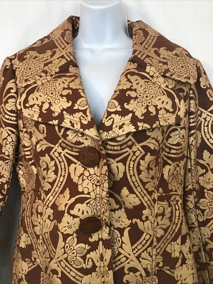 Chaqueta Yoana Baraschi Tabaco/Dorado Floral Bordado Estampado Recortado Nueva Con Etiquetas Talla 10 Foto 3 de 4