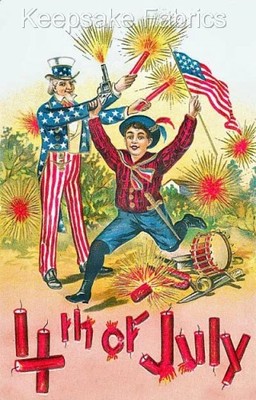 Vintage Fireworks 4th July Postcard Cotton Crazy Quilt Block