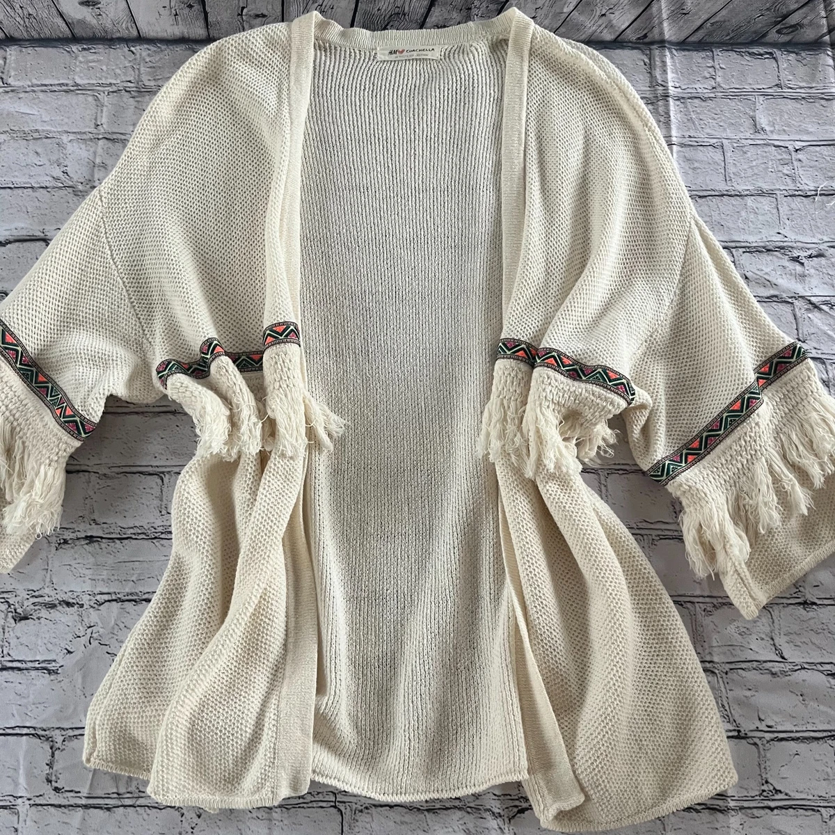 H M Coachella Poncho Cardigan Sweater Fringe Boho Festival One