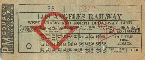LOS ANGELES RAILWAY Transfer West Adams and North Broadway Line 1910s 5" Alsace - Picture 1 of 2