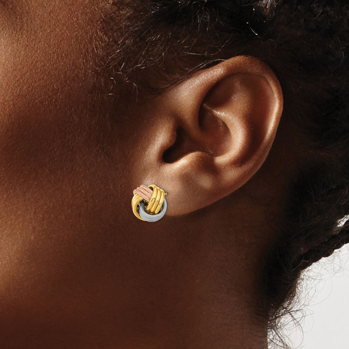 14K Solid Two Tone Gold Rose Triple Love Knot Stud Earrings
