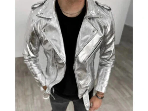 New Men's Silver Biker Leather Jacket| Genuine Soft Sheepskin leather Jacket XL.
