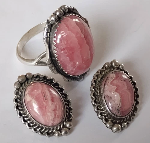 Vintage Sterling Silver Rhodochrosite Set Ring Size 7 Clip Earrings Southwestern