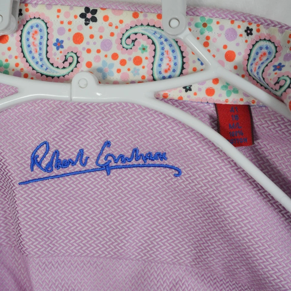Robert Graham Men's Dress Shirt Pink Herringbone Paisley Button Down Size 16 M/L - Image 4 of 4
