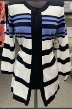 Kasper Women  s Hook/Eye close Black/blue Mid Length Stripe Cardigan Jacket Sz L