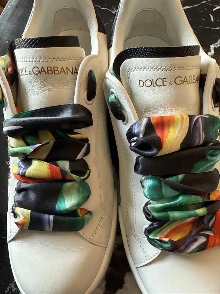 These are the Dolce & Gabbana Portofino Floral Scarf Leather Sneakers. - Image 4 of 4