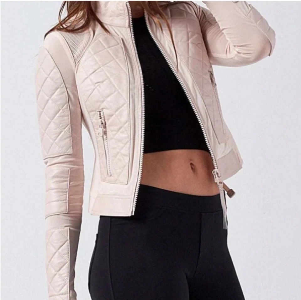 Blanc Noir Women's Light Pink Leather Mesh Moto Jacket Medium NWT $279 - Image 3 of 4