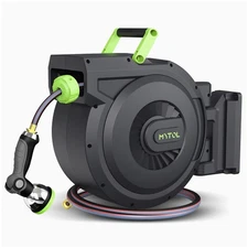 Retractable Garden Hose Reel, 1/2 Inch x 100 ft + 6 ft Wall Mount Hose Reel w...